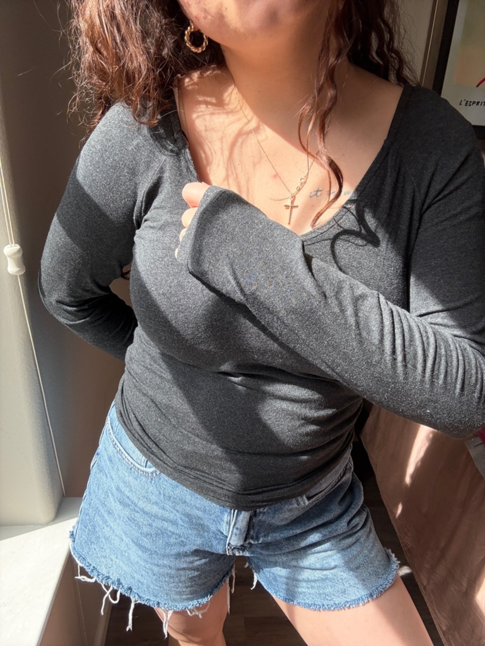 Madewell Charcoal Gray V-Neck Long Sleeve Top | Raglan Soft Tee | Size L